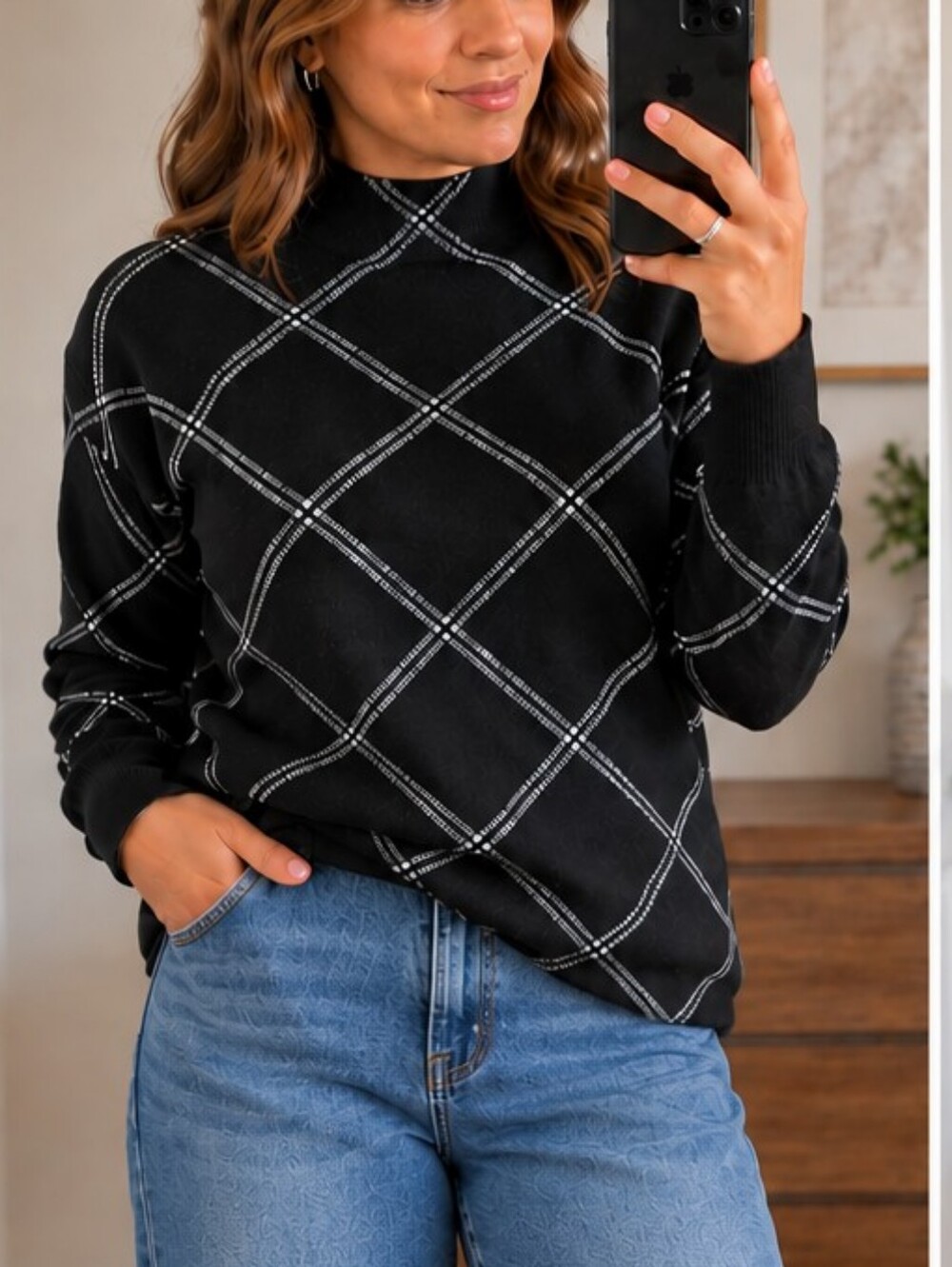 Tahari Black Turtleneck Sweater with White Windowpane Size L/M